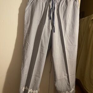 Women’s white with blue stripes Pants with Floral Hem